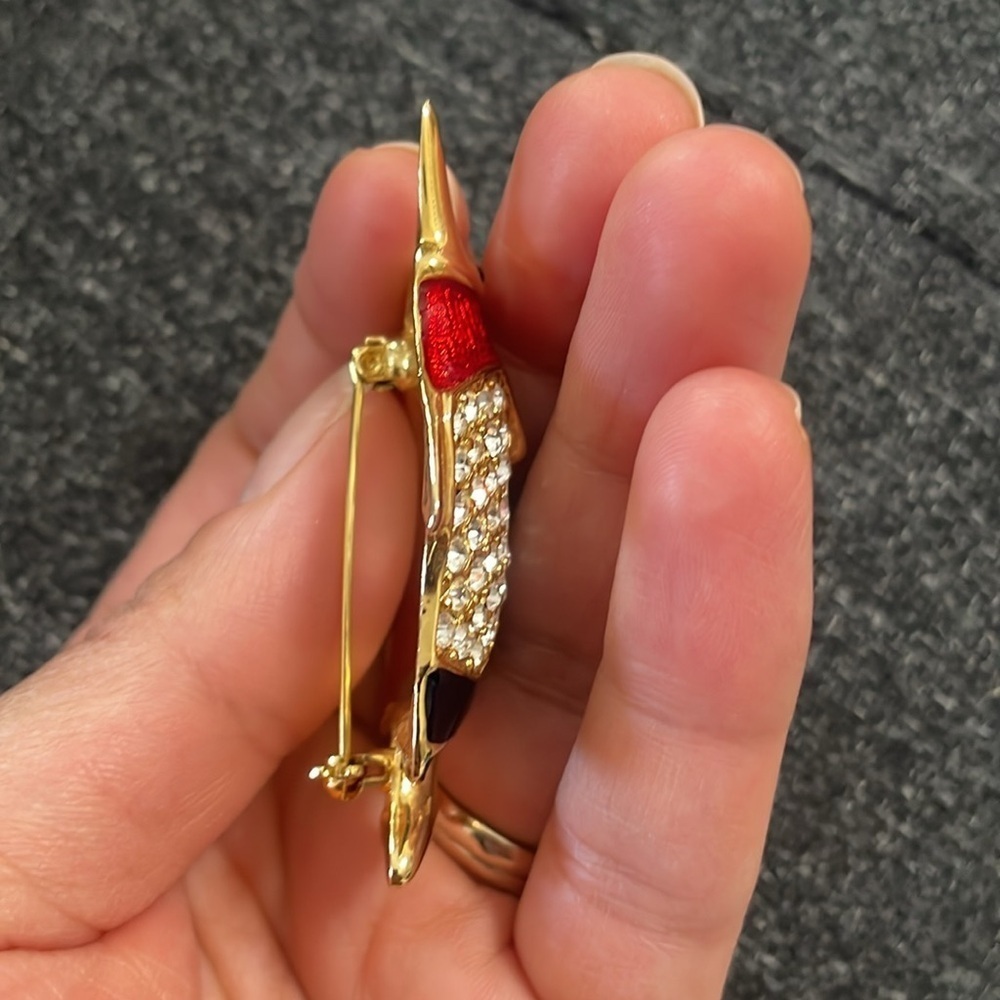 Vintage Enamel and Rhinestone Fish Brooch with Gold Accents - Picture 7 of 8